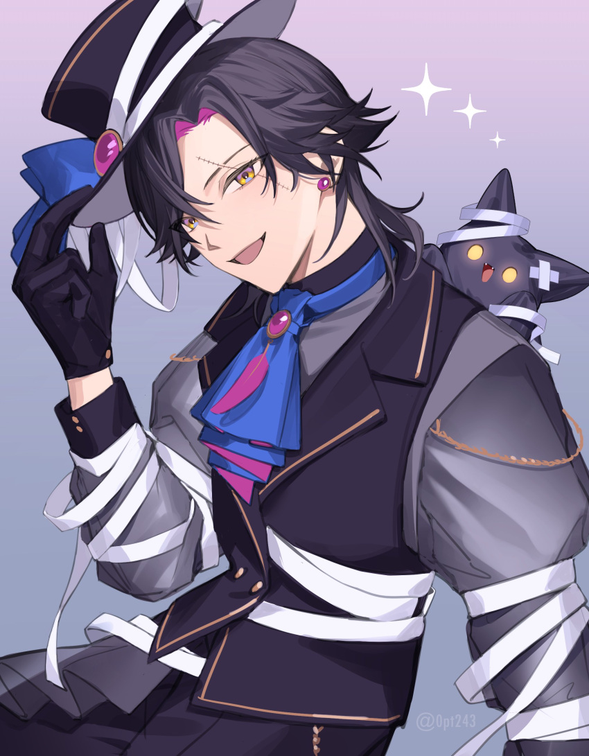 0.243, 1boy, absurdres, ascot, bandages, black_gloves, black_hair, black_headwear