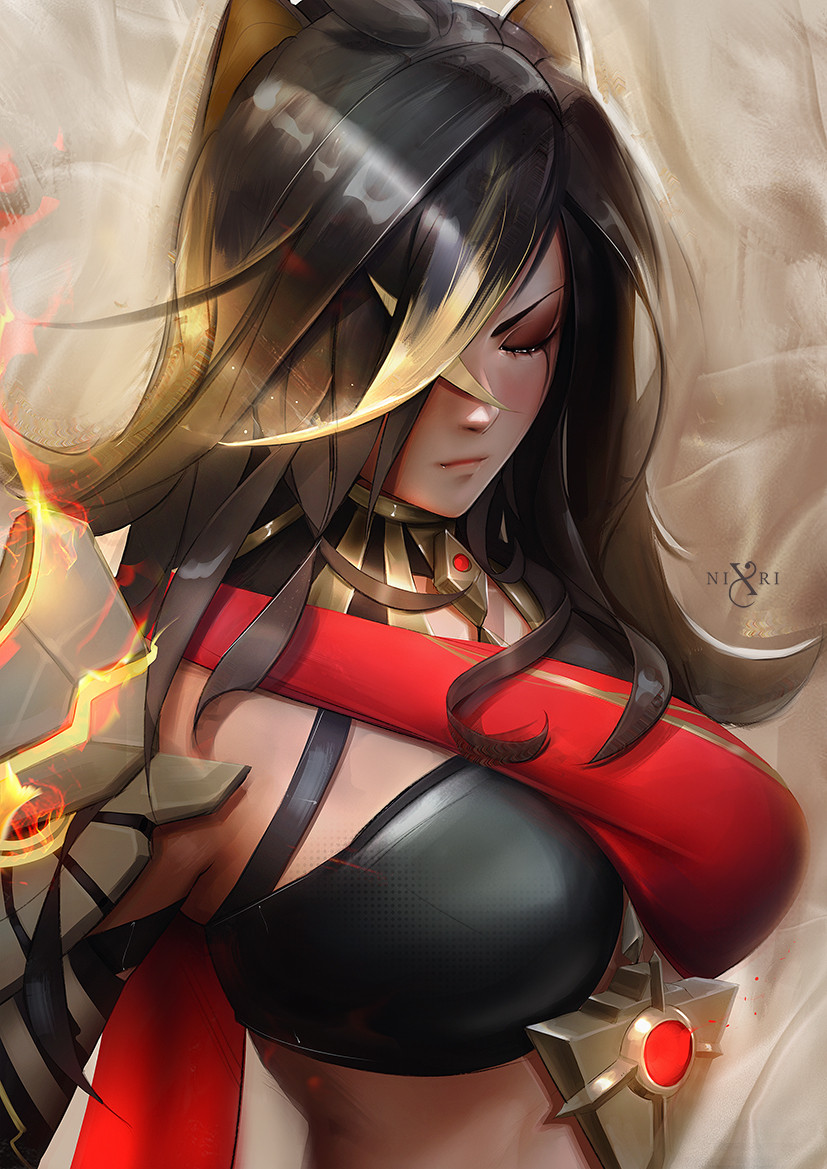 1girl, arm_armor, black_hair, blonde_hair, breasts, closed_eyes, closed_mouth, criss-cross_halter