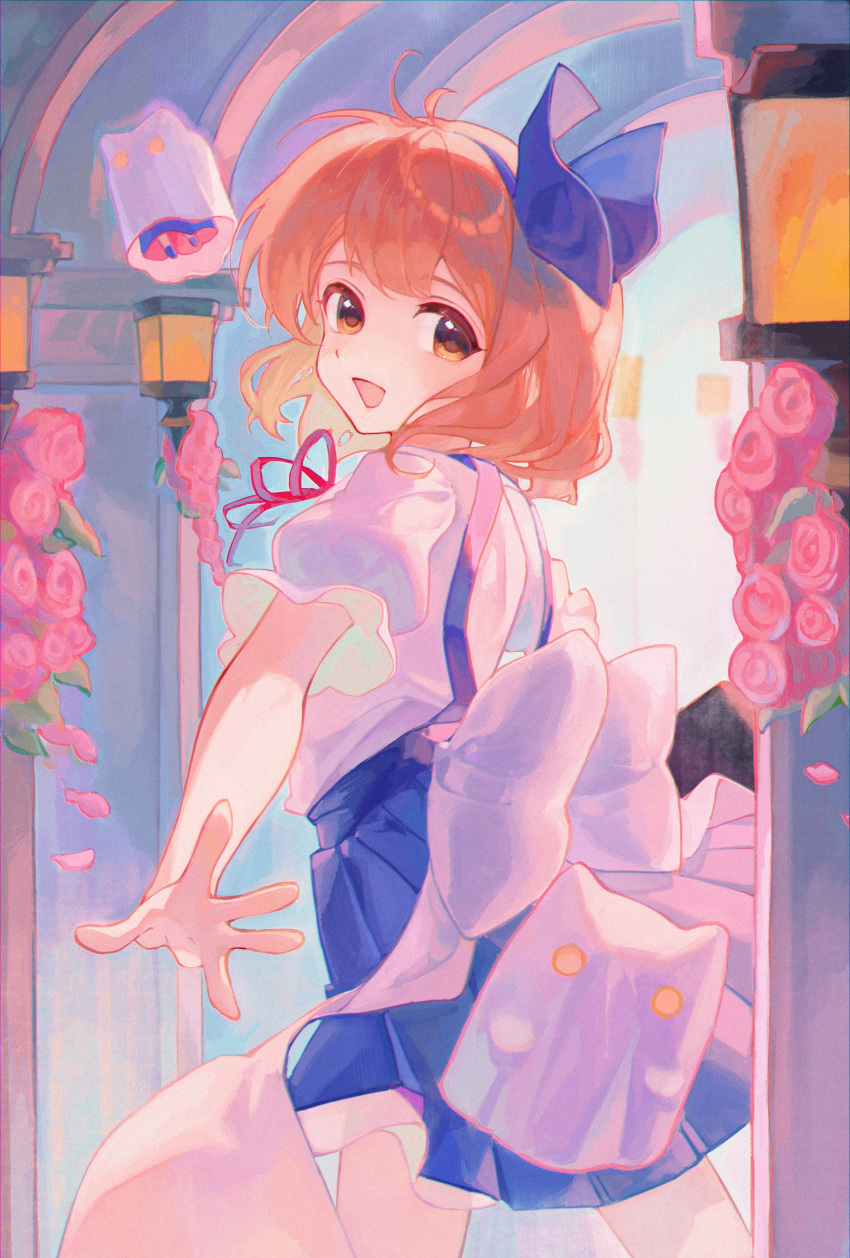 1girl, :d, absurdres, aged_down, alice_margatroid, alice_margatroid_(pc-98), blonde_hair, blue_bow, blue_hairband, blue_skirt, bow, cindy717, commentary_request, flower, hair_bow, hairband, happy, highres, looking_back, medium_hair, pleated_skirt, puffy_short_sleeves, puffy_sleeves, rose, shirt, short_sleeves, skirt, smile, solo, suspender_skirt, suspenders, touhou, touhou_(pc-98), white_shirt, yellow_eyes