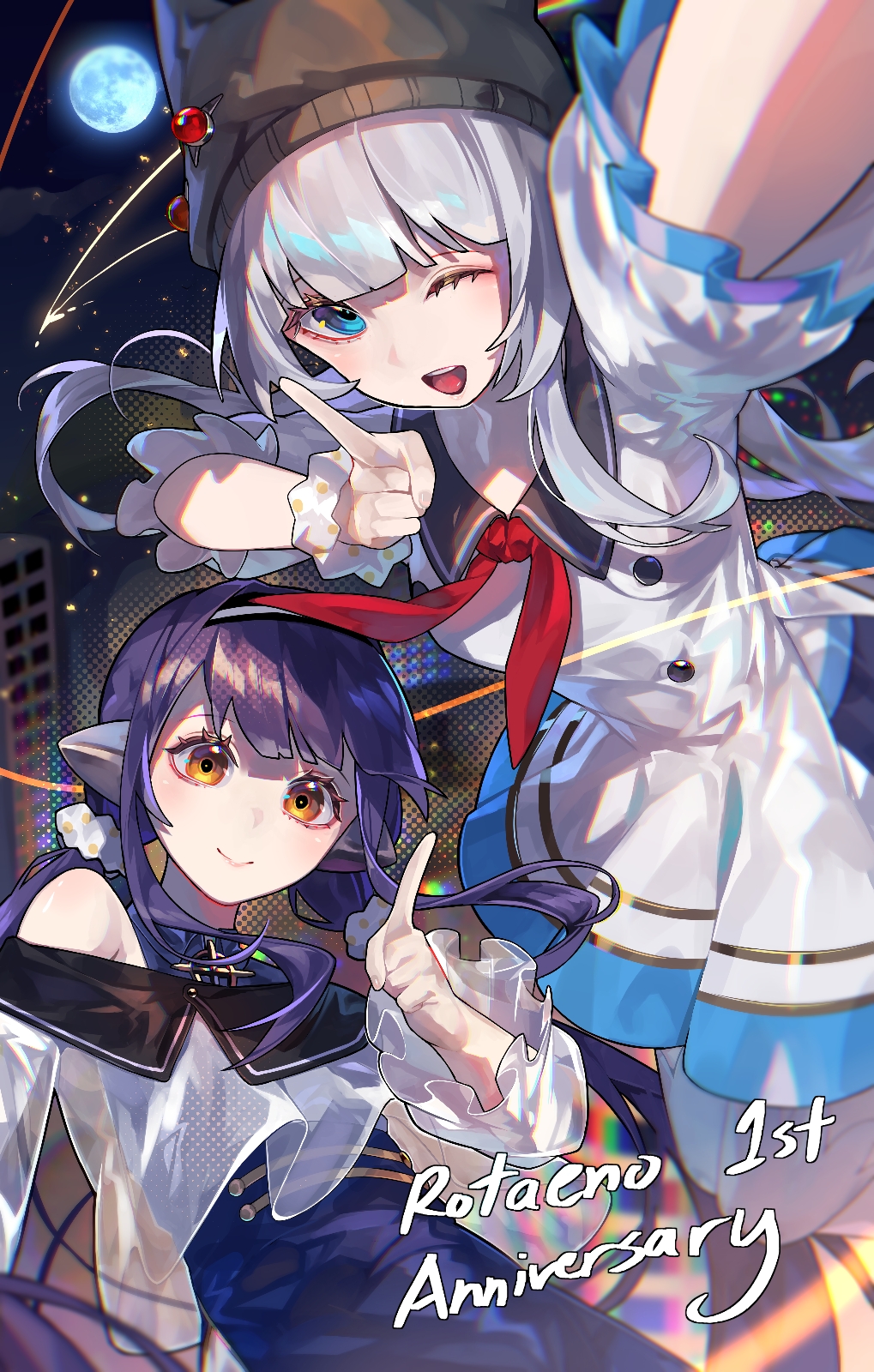 2girls, anniversary, bare_shoulders, black_headwear, blue_eyes, blue_hair, blue_sailor_collar, building, closed_mouth, cowboy_shot, dark_blue_hair, dress, english_commentary, english_text, halftone, highres, hiro_(yoshi_chan), hoppe_(rotaeno), ilot_(rotaeno), index_finger_raised, long_sleeves, looking_at_viewer, moon, multiple_girls, neckerchief, night, night_sky, off_shoulder, one_eye_closed, open_mouth, red_neckerchief, rotaeno, sailor_collar, see-through, see-through_sleeves, selfie, short_dress, short_sleeves, sky, smile, white_dress, white_hair, yellow_eyes