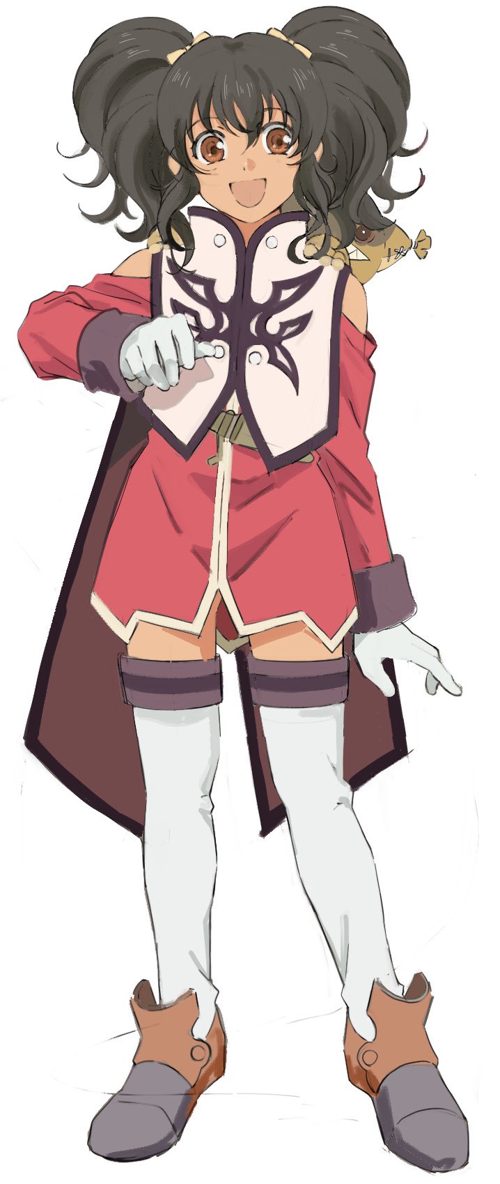 1girl, anise_tatlin, black_hair, boots, brown_eyes, dark-skinned_female, dark_skin, full_body, gloves, highres, jacket, nspleee, open_mouth, red_jacket, smile, solo, surcoat, tales_of_(series), tales_of_the_abyss, thigh-highs, tokunaga_(tales), twintails, white_gloves