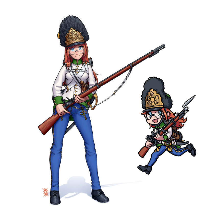 1girl, absurdres, antique_firearm, austria-hungary, austro-hungarian_army, bayonet, bearskin_cap, bedroll