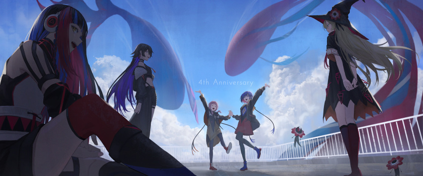 5girls, absurdres, anniversary, arm_up, arm_warmers, asymmetrical_clothes, black_cloak, black_dress