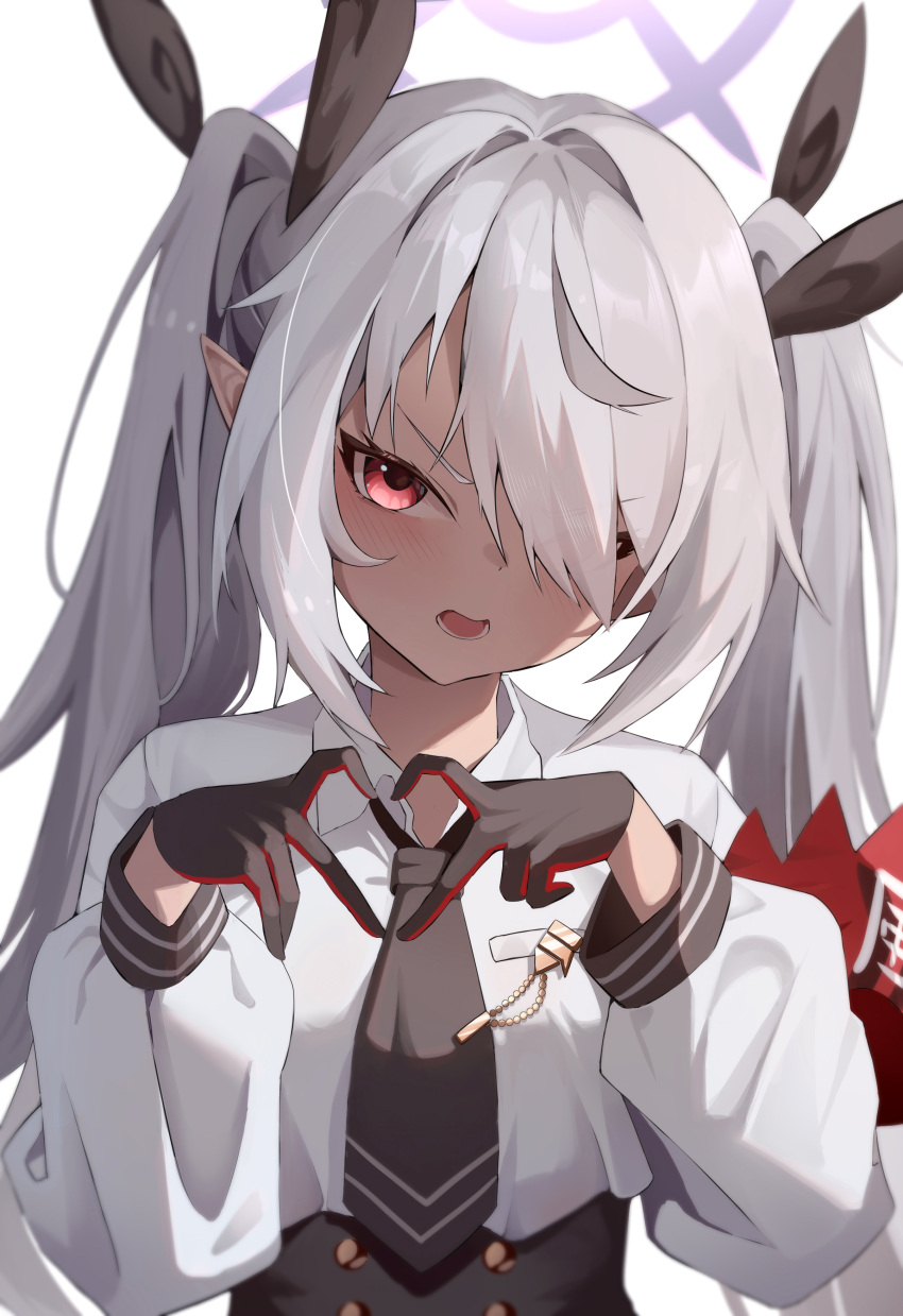 1girl, absurdres, black_gloves, black_necktie, blue_archive, blush, collared_shirt, commentary_request