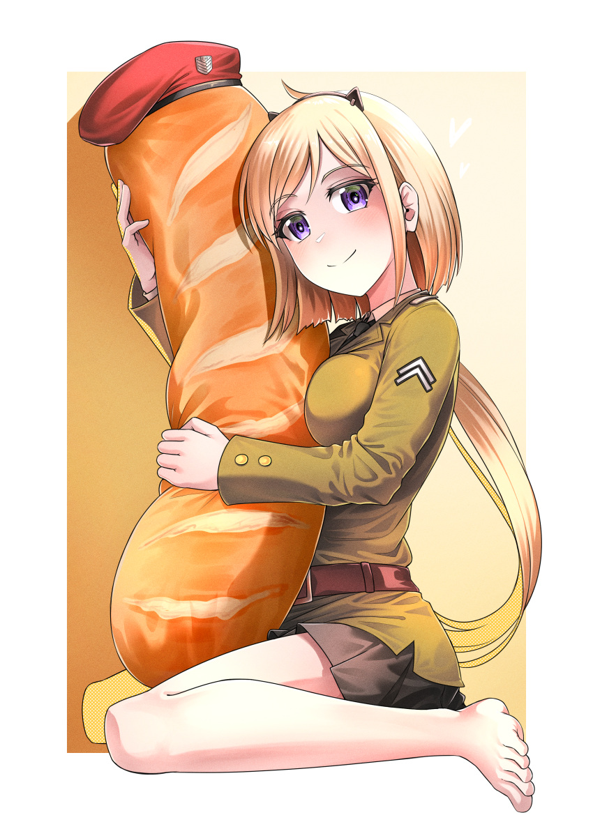 1girl, absurdres, ahoge, animal_ears, baguette, barefoot, beret, black_hairband