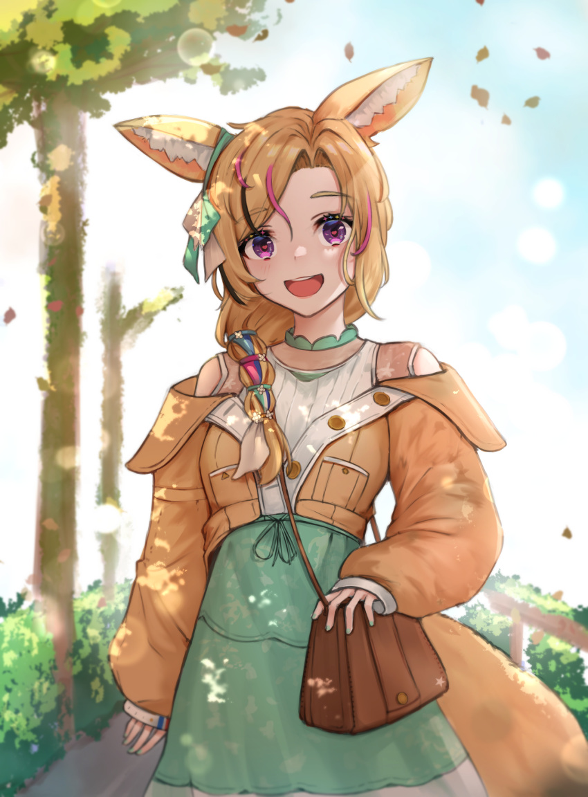 1girl, animal_ear_fluff, animal_ears, bag, black_hair, blonde_hair, blue_hair, breasts