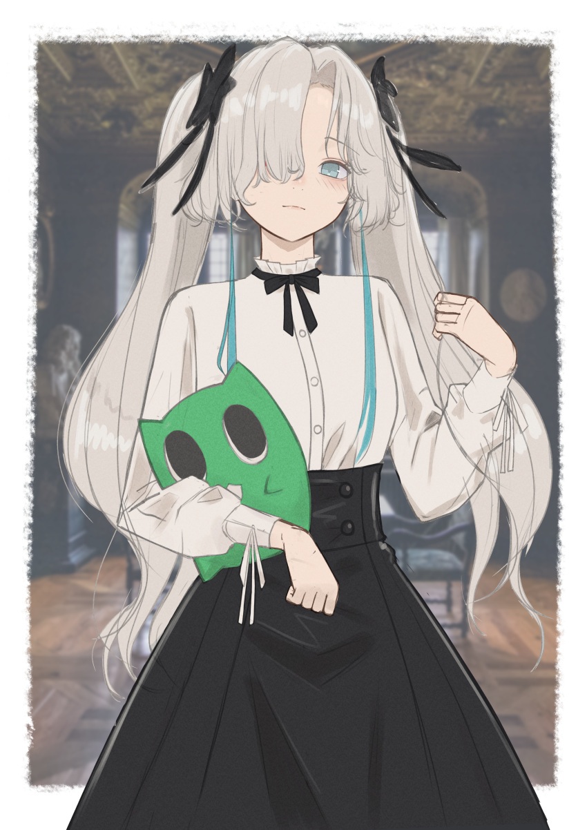1girl, absurdres, alternate_costume, black_bow, black_bowtie, black_flower, black_skirt, blue_eyes