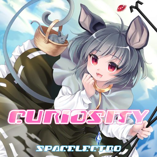 1girl, ahoge, album_cover, animal_ears, basket, black_skirt, black_vest, blue_sky