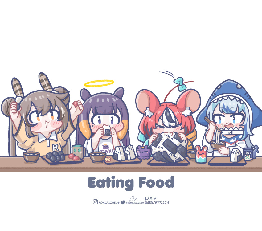 4girls, alternate_costume, alternate_hairstyle, animal_ears, black_hair, blush_stickers, brown_hair, chibi