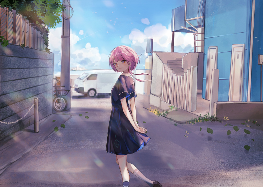1girl, absurdres, arms_behind_back, bicycle, black_dress, blue_eyes, blue_sky, blush, closed_mouth, clouds, cloudy_sky, collared_dress, commentary_request, day, dress, floating_hair, from_side, highres, house, kaf_(kamitsubaki_studio), kamitsubaki_studio, kashima_(sna1_ryu), kneehighs, lens_flare, long_hair, looking_to_the_side, low_twintails, motor_vehicle, multicolored_eyes, official_alternate_costume, outdoors, own_hands_together, red_eyes, scenery, shore, short_sleeves, sky, smile, socks, solo, standing, standing_on_one_leg, town, twintails, van, virtual_youtuber, wall, yellow_pupils