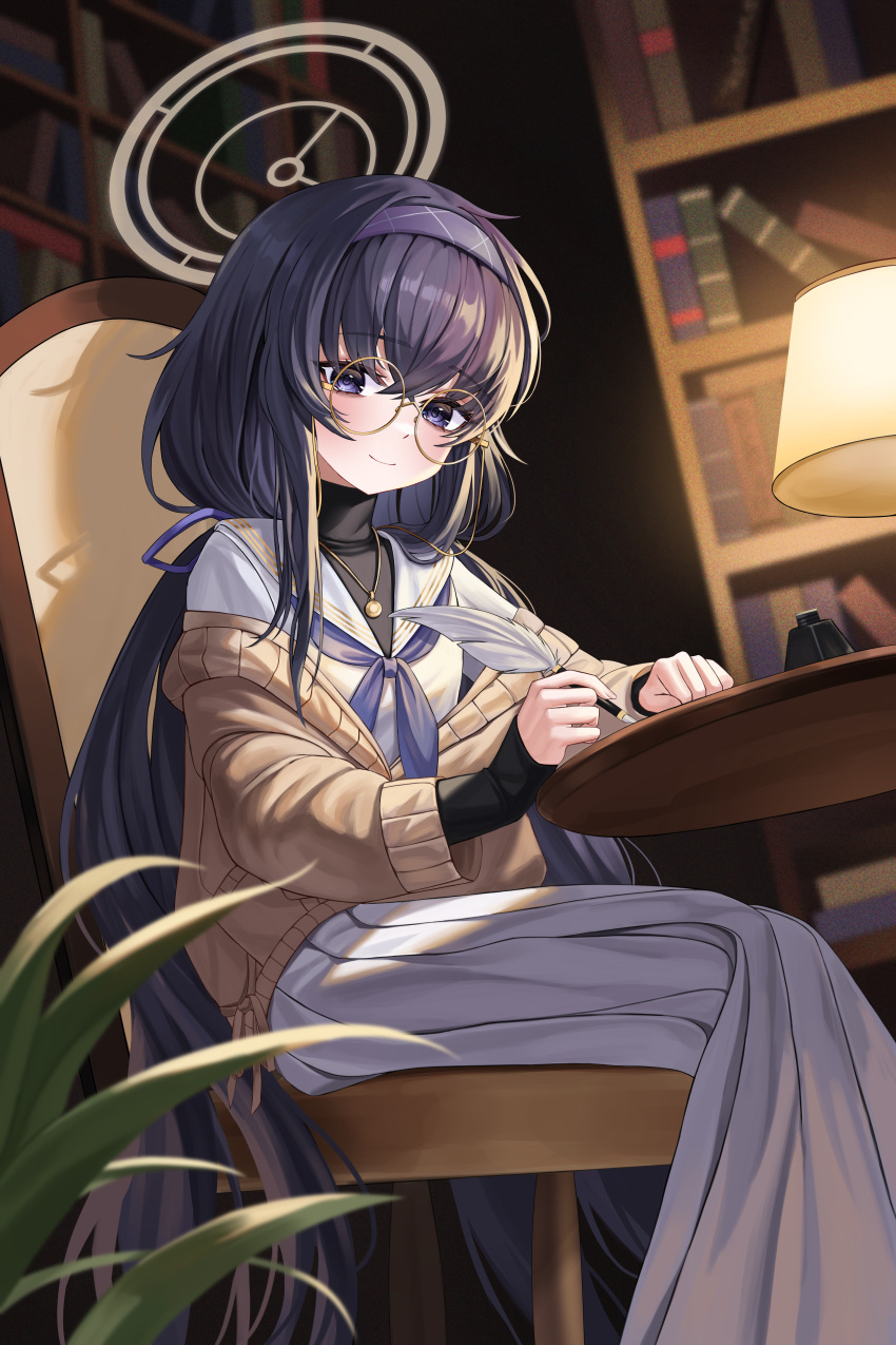 1girl, absurdres, black_hair, blue_archive, blue_neckerchief, brown_cardigan, cardigan, chair