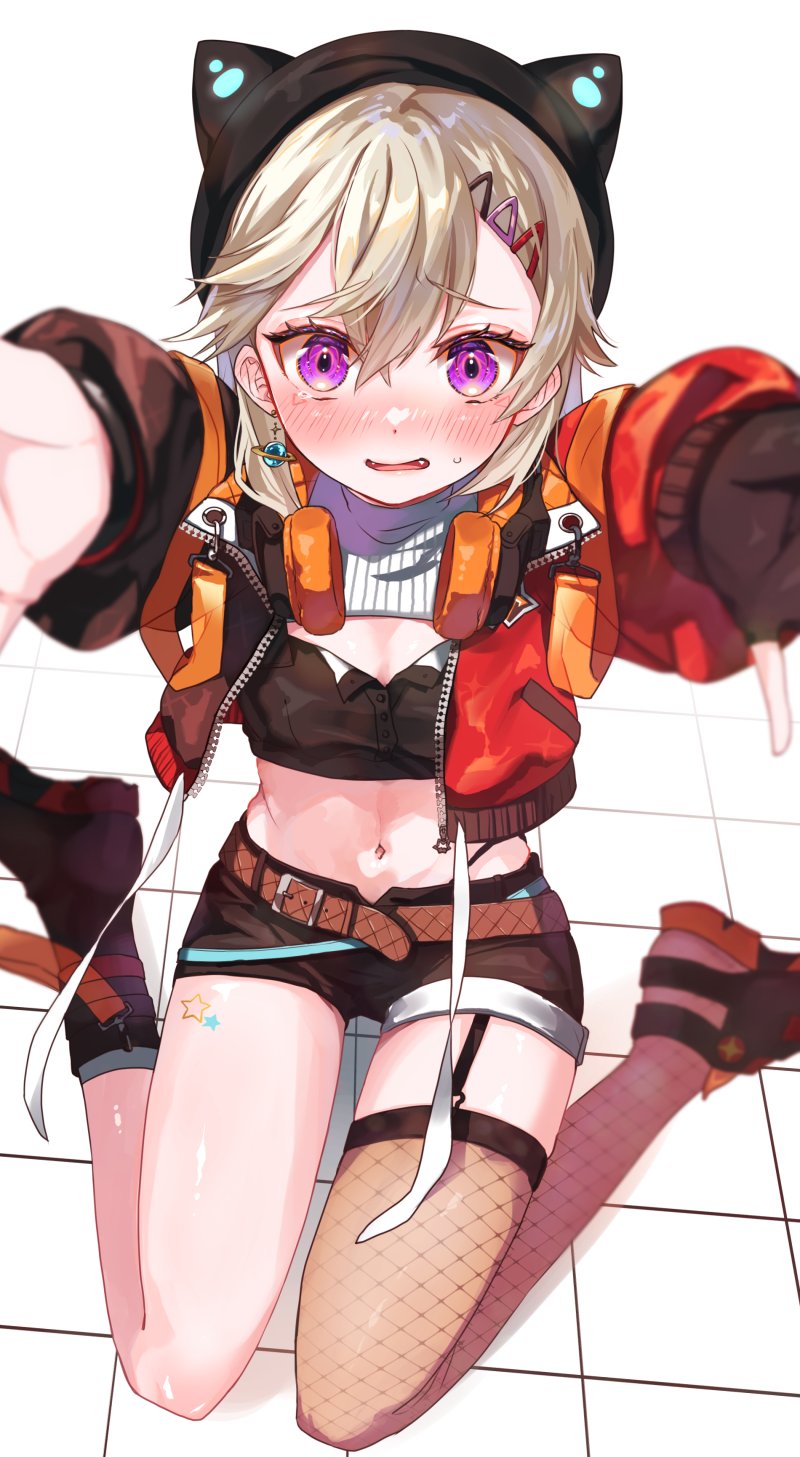 1girl, belt, blush, fishnet_thighhighs, fishnets, grey_hair, hair_ornament, hairclip