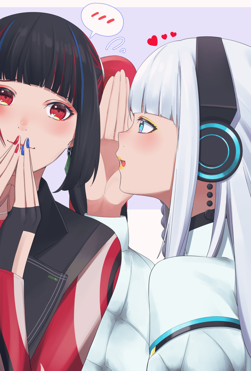 2girls, absurdres, aqua_eyes, black_gloves, black_hair, black_jacket, blue_hair, blue_nails, blunt_bangs, braid, cevio, coat, commentary_request, daradara_art, drop_earrings, earrings, embarrassed, eyeshadow, fingerless_gloves, furrowed_brow, gloves, hand_to_own_mouth, haru_(cevio), harusaruhi, headphones, heart, highres, jacket, jewelry, kamitsubaki_studio, leaning_to_the_side, long_hair, long_sleeves, makeup, multicolored_hair, multicolored_nails, multicolored_sleeves, multiple_girls, official_alternate_costume, open_mouth, pink_eyeshadow, pink_lips, profile, puffy_long_sleeves, puffy_sleeves, red_eyes, red_nails, redhead, side_braid, smile, spoken_blush, streaked_hair, upper_body, virtual_youtuber, whispering, whispering_in_ear, white_coat, yellow_lips