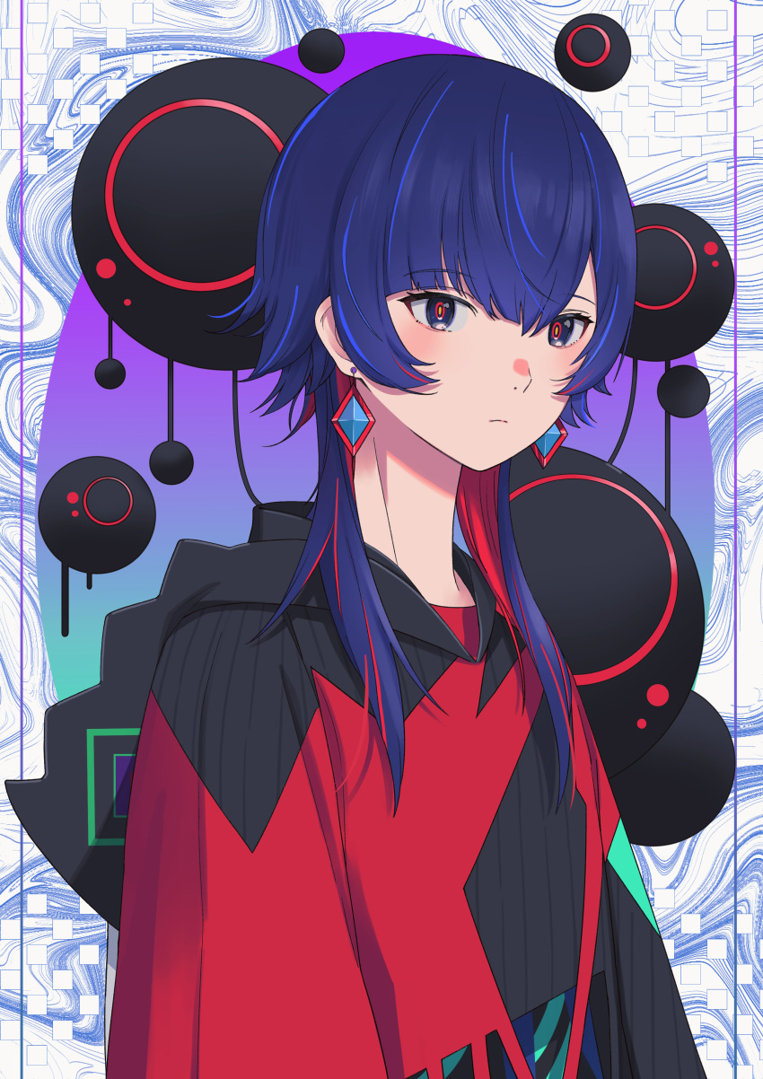 1girl, abstract_background, absurdres, adapted_costume, alternate_hairstyle, black_hoodie, blue_eyes, blue_hair