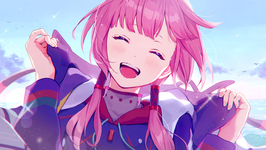 1girl, absurdres, blue_jacket, blue_sky, blush, closed_eyes, clouds, commentary_request