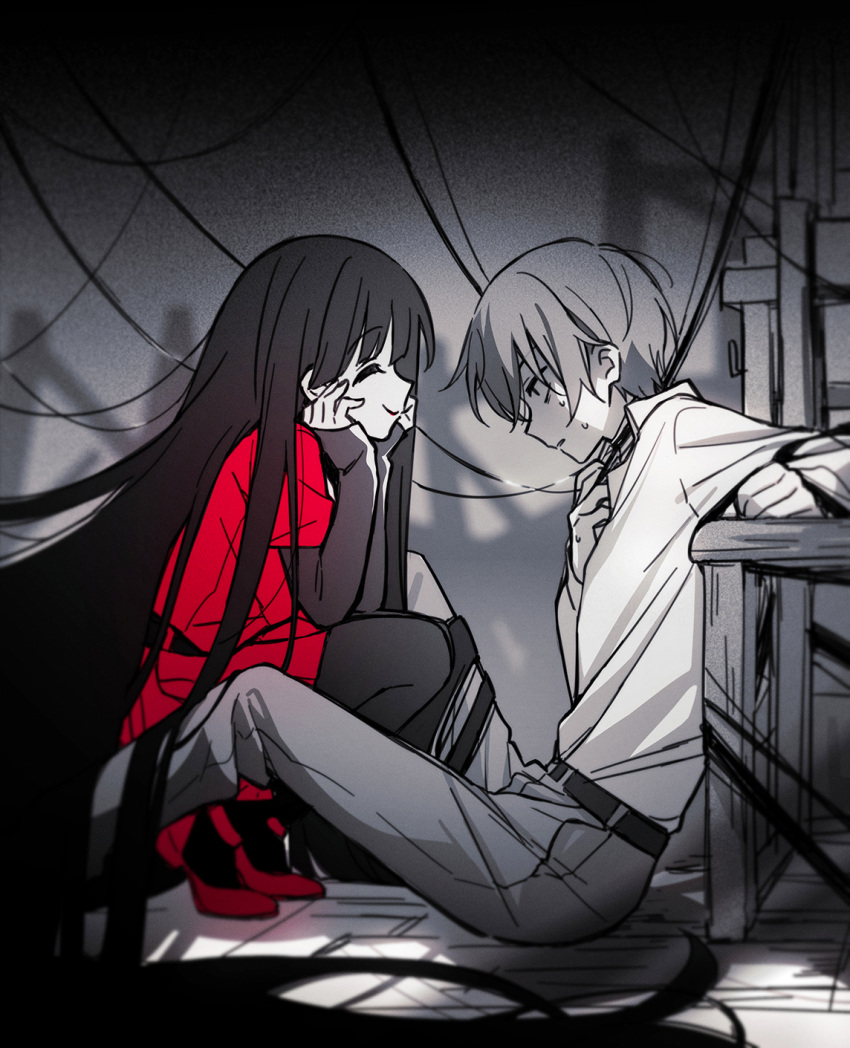 1boy, 1girl, absurdly_long_hair, belt, closed_eyes, collared_shirt, from_side, hair_around_neck, hair_bondage, hetero, highres, indoors, long_hair, looking_at_another, monochrome, original, pants, pantyhose, profile, red_footwear, red_serafuku, restrained, school_uniform, serafuku, shirt, sitting, smile, spot_color, squatting, sweat, very_long_hair, wannyanpu, yandere, yorumachi_ruin_(vocaloid)