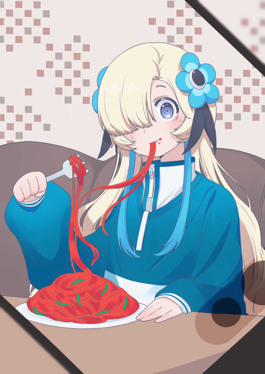1girl, absurdres, blonde_hair, blue_hair, blue_sweater, blush, brown_background, commentary_request