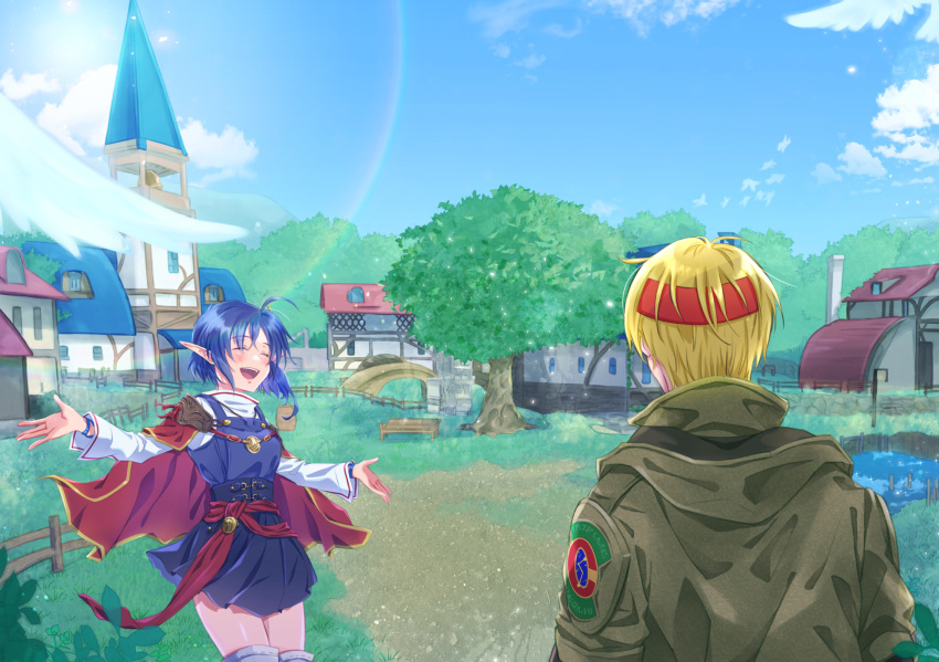 19670615t, 1boy, 1girl, ahoge, bench, bird, blonde_hair, blue_hair, blush, bridge, building, cape, claude_kenni, clouds, headband, highres, jacket, open_mouth, pointy_ears, pond, red_cape, rena_lanford, short_hair, skirt, smile, star_ocean, star_ocean_the_second_story, town, tree