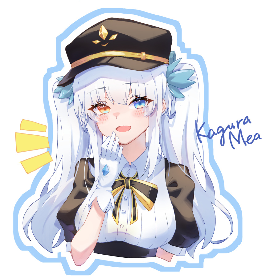 1girl, absurdres, black_bow, black_bowtie, black_headwear, blue_border, blue_eyes, blush