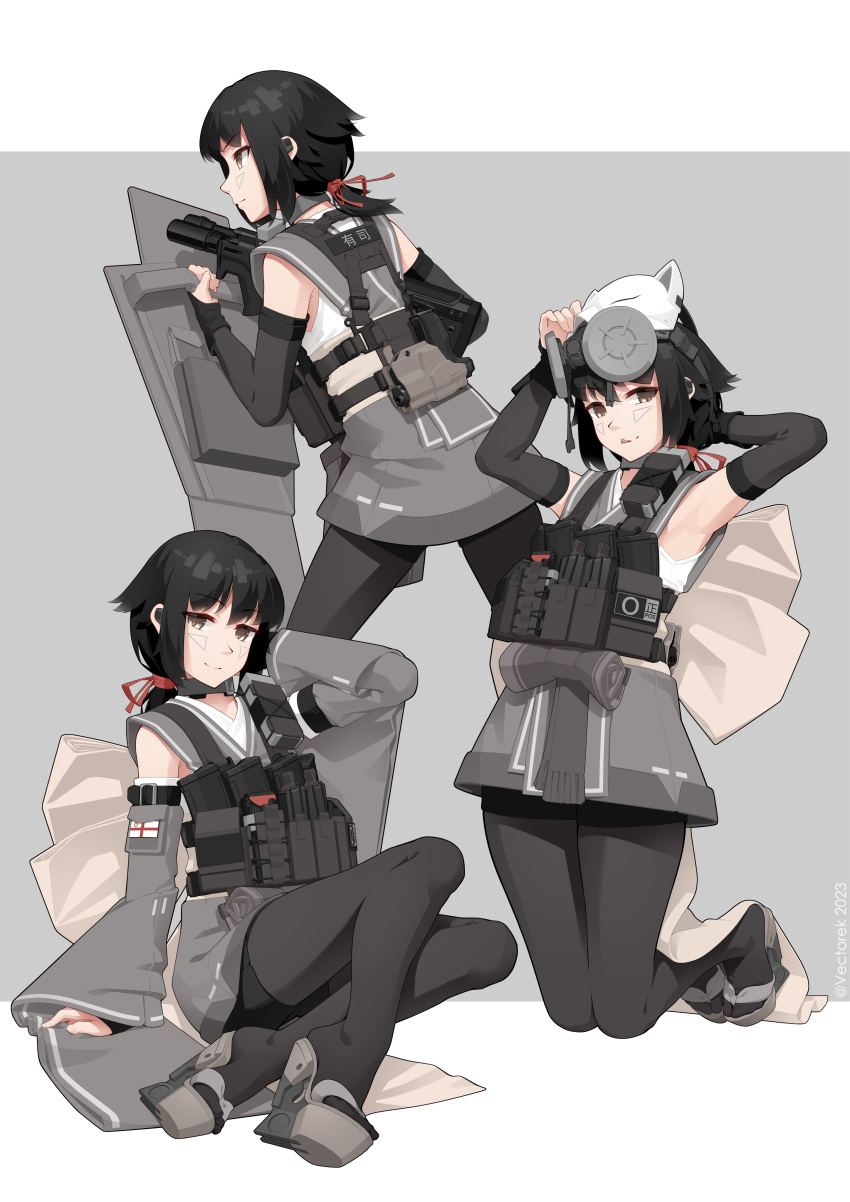 absurdres, armpits, back_holster, black_hair, black_pantyhose, black_shorts, blunt_bangs, brown_eyes