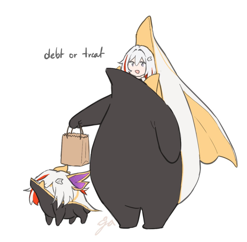 1girl, 1other, bag, cloud_ya, english_text, grey_eyes, hair_ornament, hairpin