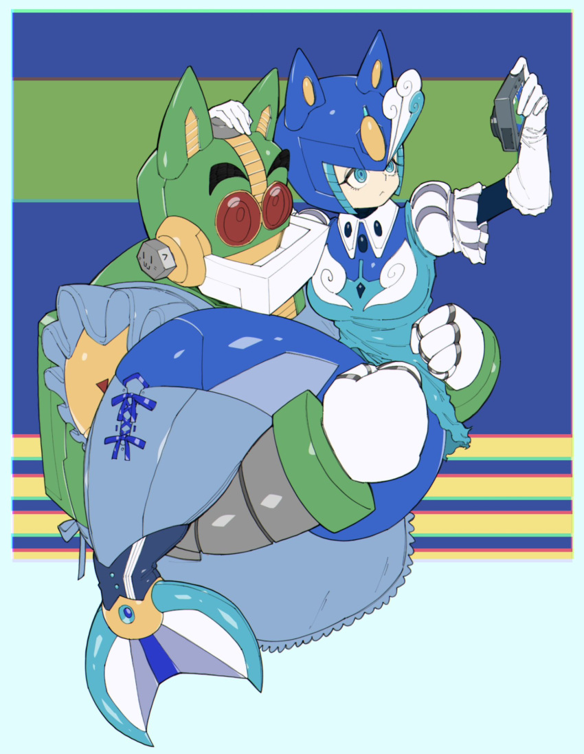 1boy, 1girl, animal_ears, auto_(mega_man), blue_eyes, camera, carrying, cat_boy