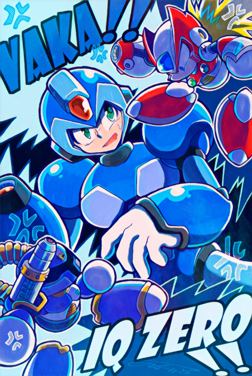 3boys, absurdres, android, anger_vein, arm_cannon, blonde_hair, blue_eyes, commentary, english_commentary, english_text, green_eyes, helmet, highres, insult, long_hair, male_focus, mega_man_(series), mega_man_x1, mega_man_x_(series), multiple_boys, nongura, vile_(mega_man), weapon, x_(mega_man), zero_(mega_man)