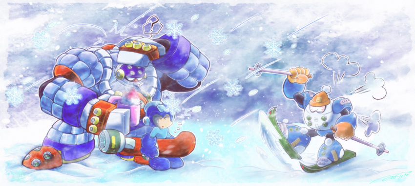 3boys, angry, blizzard_man, commentary, cup, english_commentary, frost_man, hat, helmet, highres, holding, holding_cup, holding_snowboard, male_focus, mega_man_(character), mega_man_(classic), mega_man_(series), mega_man_6, mega_man_8, multiple_boys, no_mouth, nongura, outdoors, robot, ski_pole, snow, snowboard