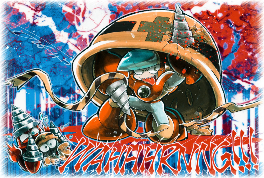 2boys, commentary, crash_man, drill_man, english_commentary, green_eyes, hard_hat, helmet