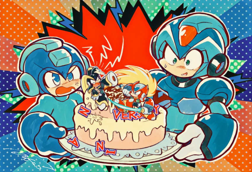 4boys, android, anger_vein, bass_(mega_man), battle, blonde_hair, blue_eyes, cake