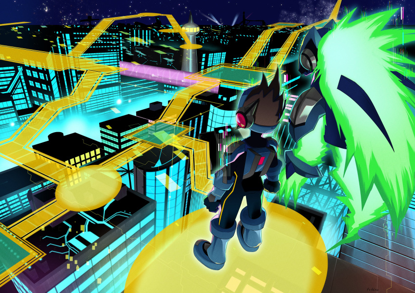 1boy, absurdres, brown_hair, cityscape, commentary_request, floating, from_behind, geo_stelar_(mega_man), helmet, highres, male_focus, mega_man_(series), mega_man_star_force, mega_man_star_force_2, night, omega-xis_(mega_man), outdoors, poshino_pikari, short_hair, star_force_mega_man