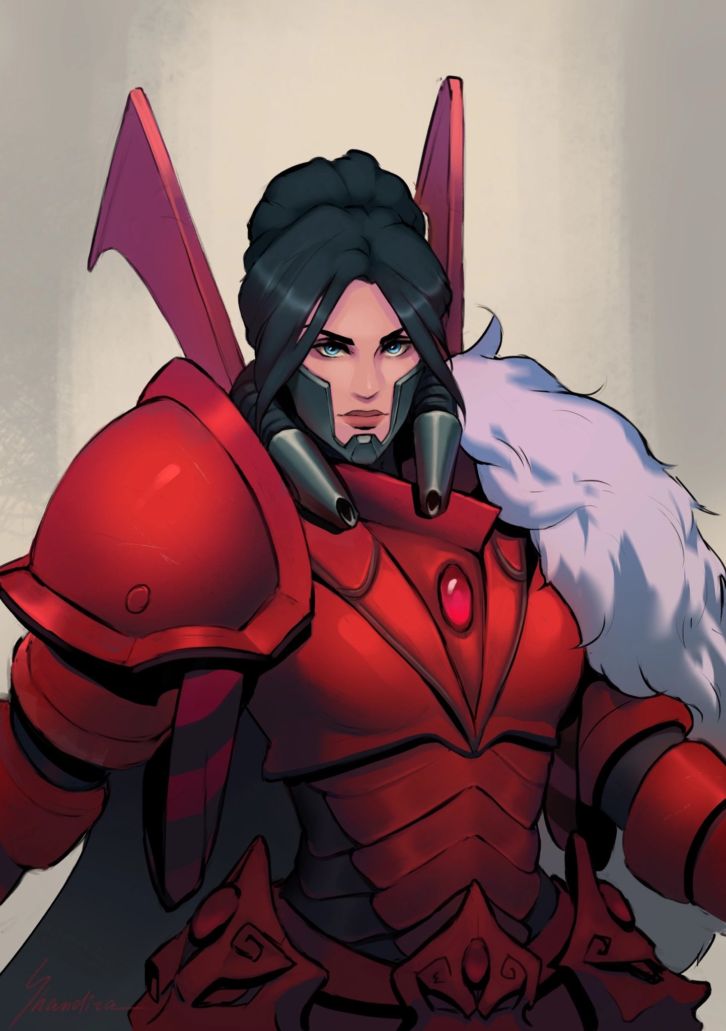 1girl, armor, black_hair, blue_eyes, cape, chest_jewel, closed_mouth, commission, eldar, english_commentary, full_armor, fur_cape, grey_background, highres, lips, looking_at_viewer, no_headwear, pauldrons, ponytail, shandira_art, shoulder_armor, solo, upper_body, warhammer_40k