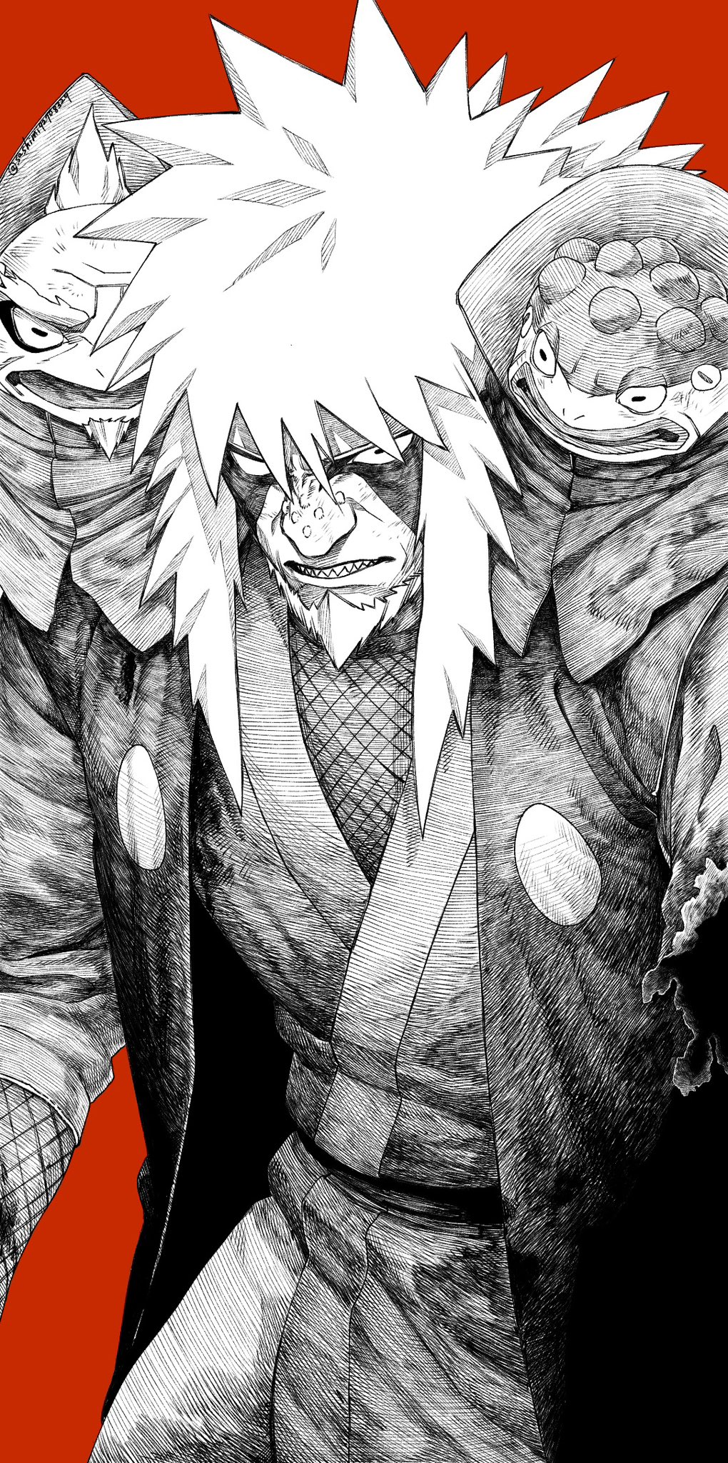 1boy, animal_on_shoulder, armor, beard, chainmail, facial_hair, facial_mark, feet_out_of_frame, frog, fukasaku_(naruto), goatee, greyscale_with_colored_background, high_collar, highres, japanese_clothes, jiraiya_(naruto), kimono, long_hair, male_focus, mature_male, naruto_(series), naruto_shippuuden, sanpaku, sashimi92708329, serious, sharp_teeth, shima_(naruto), solo_focus, spiky_hair, teeth, white_hair