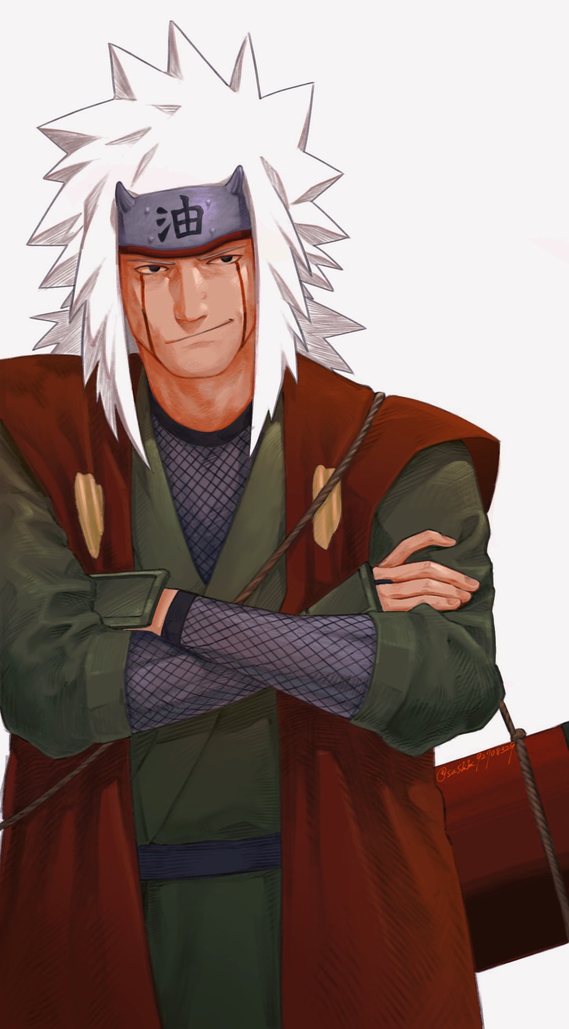 1boy, cowboy_shot, crossed_arms, facial_mark, fishnet_top, fishnets, highres, jiraiya_(naruto)