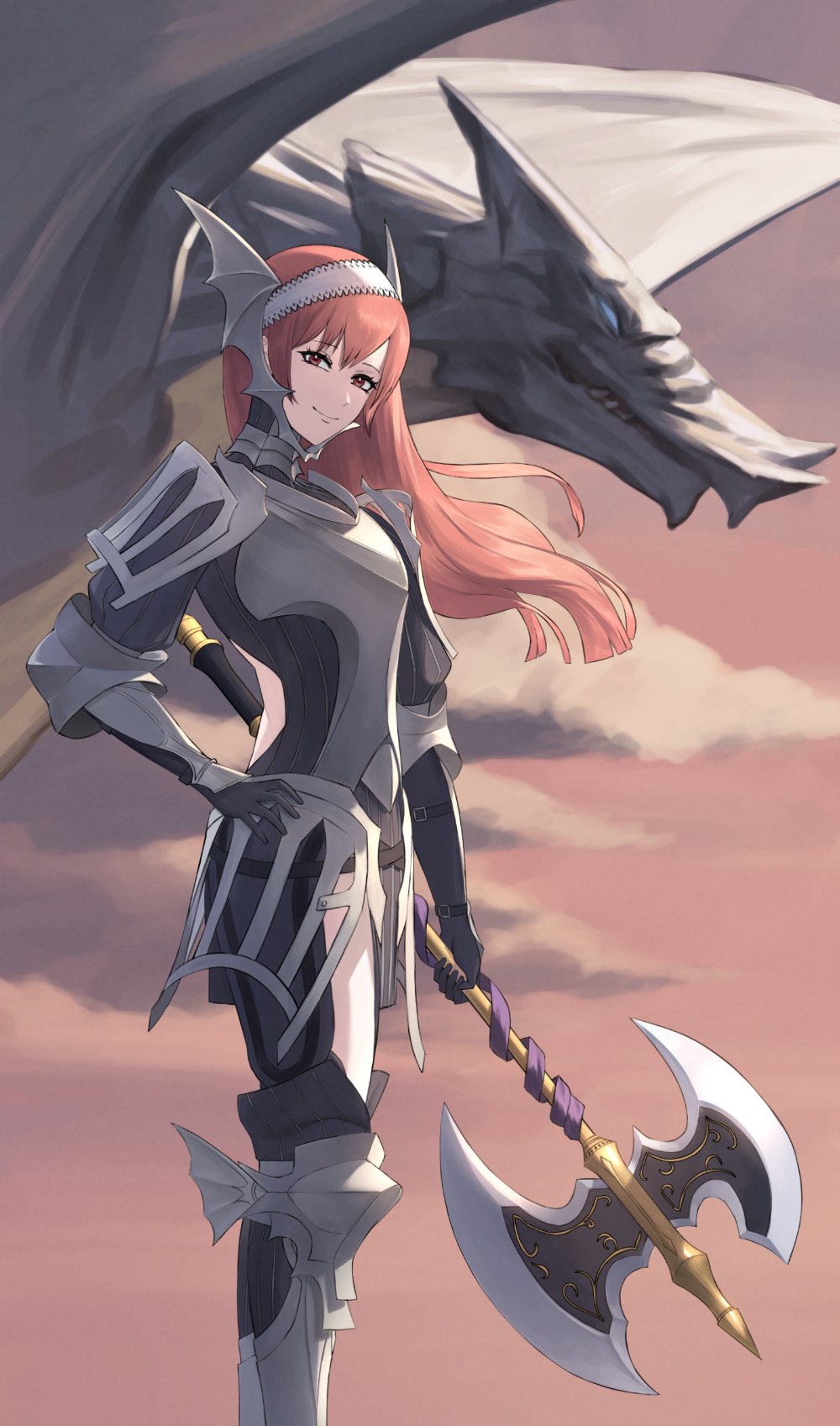 1girl, armor, axe, black_dress, bracer, breastplate, cherche_(fire_emblem), clouds