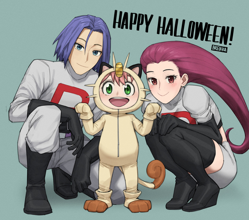 anya_(spy_x_family), artist_name, belt, black_footwear, blue_eyes, breikka, costume, crop_top, dress-up, green_eyes, halloween, halloween_costume, happy_halloween, james_(pokemon), jessie_(pokemon), meowth, onesie, pants, pokemon, purple_belt, purple_hair, red_eyes, shirt, skirt, spy_x_family, twilight_(spy_x_family), white_clothing, white_pants, white_shirt, white_skirt, yor_briar