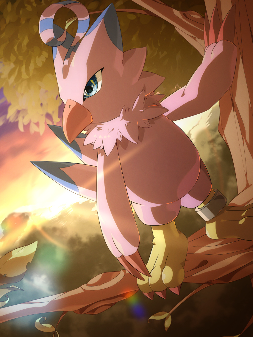 beak, bird, blue_eyes, branch, claws, digimon, digimon_(creature), guoh_ga_gotoku, highres, in_tree, lens_flare, looking_to_the_side, no_humans, outdoors, piyomon, solo, sunset, tree, wings