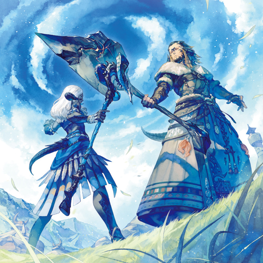 1boy, 1girl, album_cover, armlet, au_ra, axe, belt, black_gloves