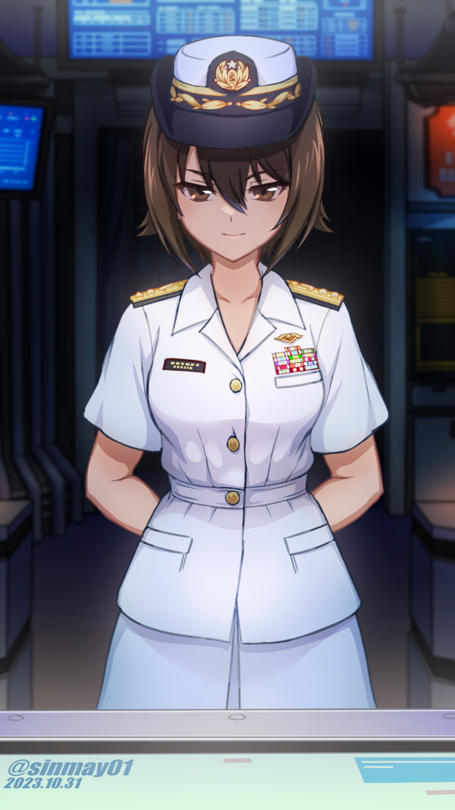 1girl, alternate_costume, arms_behind_back, brown_hair, chinmoku_no_kantai, commission, cowboy_shot, dated, girls_und_panzer, highres, jacket, japan_maritime_self-defense_force, japan_self-defense_force, looking_at_viewer, military, military_uniform, nishizumi_maho, pixiv_commission, shinmai_(kyata), short_hair, solo, twitter_username, uniform, white_headwear, white_jacket