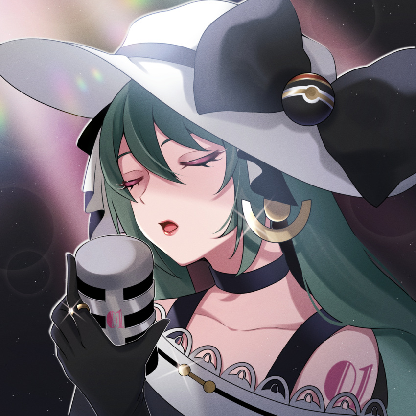1girl, black_bow, black_choker, black_gloves, bow, choker, closed_eyes, dark_miku_(project_voltage), earrings, gloves, green_hair, hat, hat_bow, hatsune_miku, highres, jewelry, luxury_ball, microphone, music, off_shoulder, poke_ball, pokemon, project_voltage, ring, sani_(saaanii), singing, twintails, vocaloid
