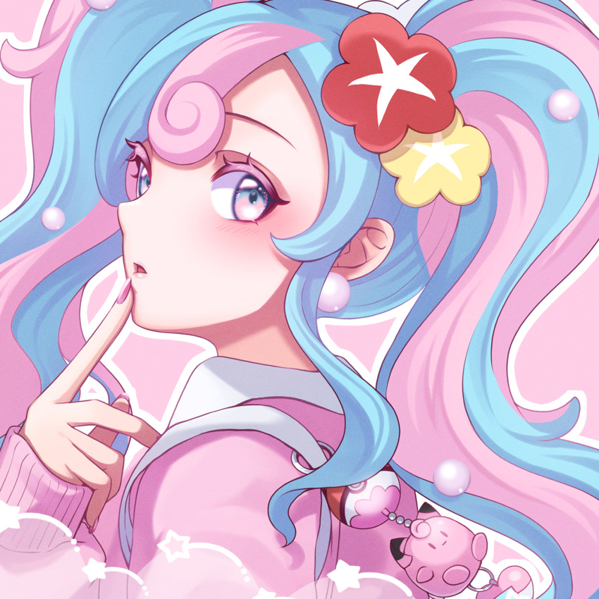 1girl, blush, cardigan, clefairy, earrings, fairy_miku_(project_voltage), flower, hair_flower