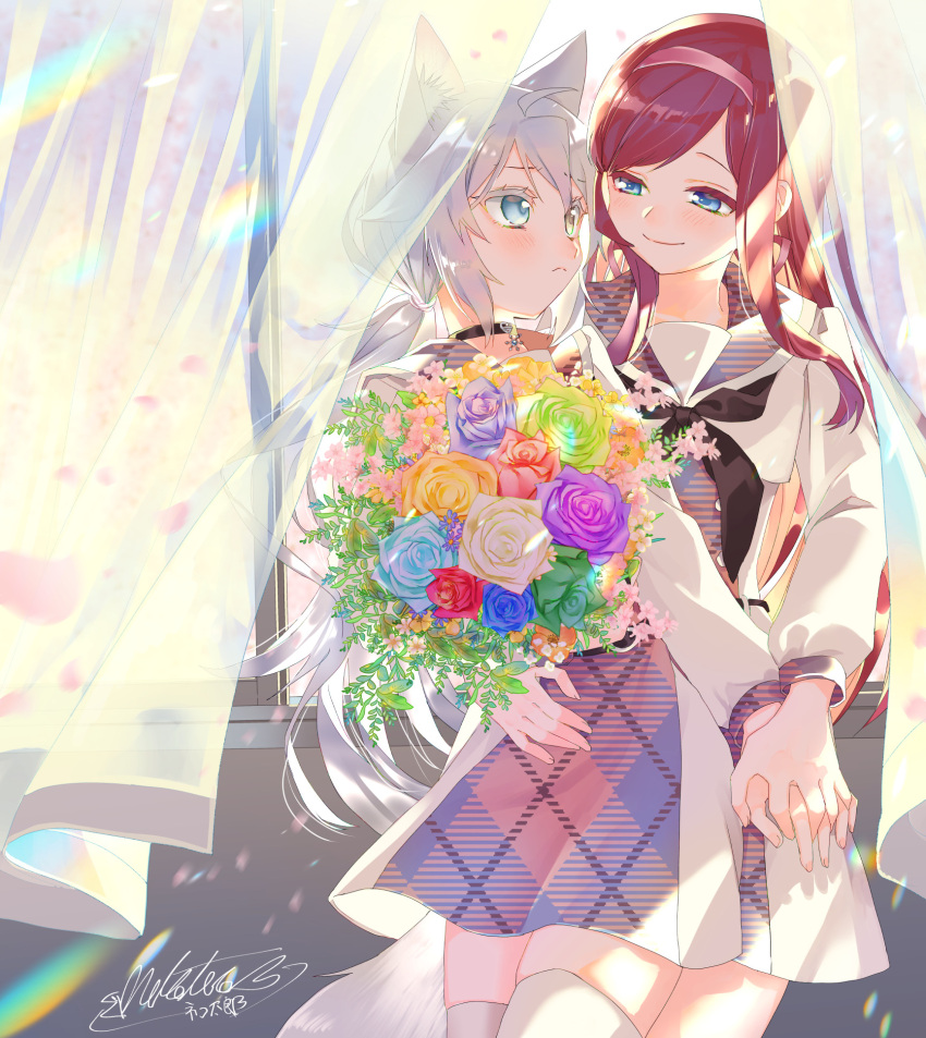 2girls, animal_ears, blue_eyes, cat_ears, catulus_syndrome, choker, flower, hand_on_another's_hip