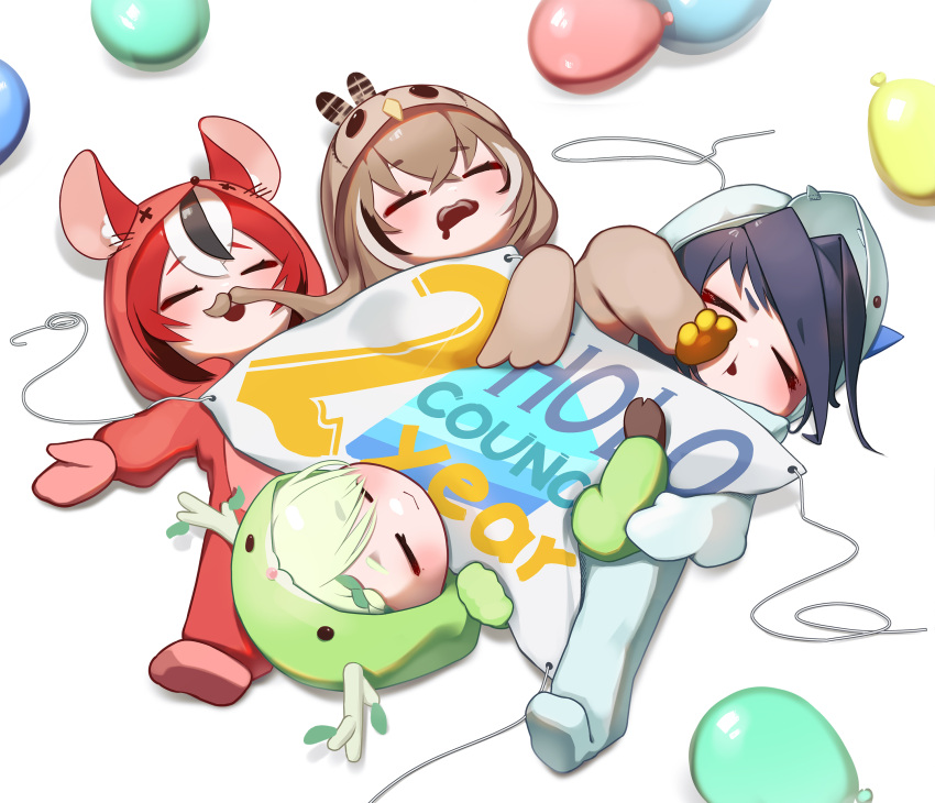 4girls, absurdres, animal_costume, animal_hood, appleblossomtea, balloon, bird_hood, black_hair