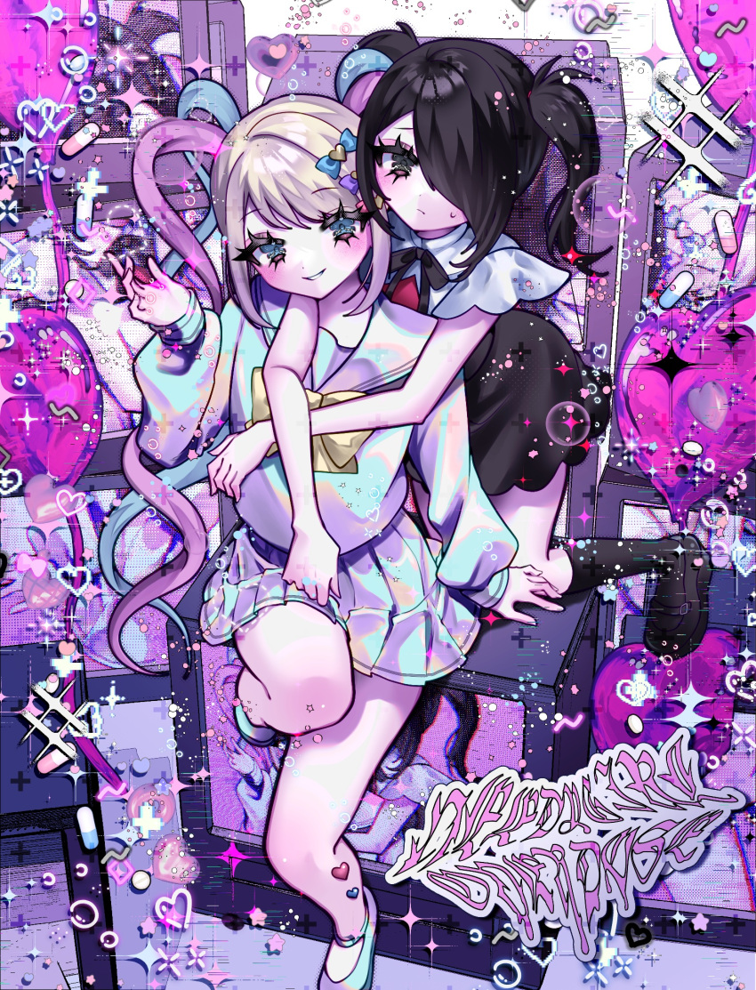 2girls, ame-chan_(needy_girl_overdose), black_eyes, black_footwear, black_hair, black_ribbon, black_skirt, black_socks