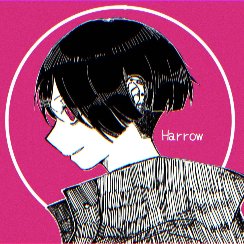 1girl, black_hair, blunt_ends, chromatic_aberration, circle, close-up, ear_piercing, english_text