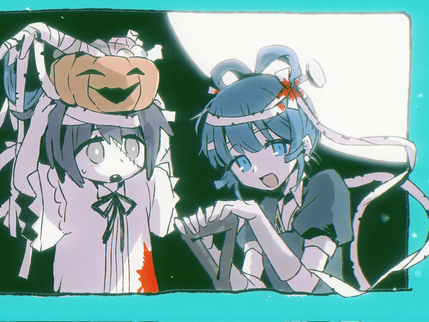 2girls, :d, alternate_costume, bandaged_head, bandages, black_ribbon, blood, blue_border