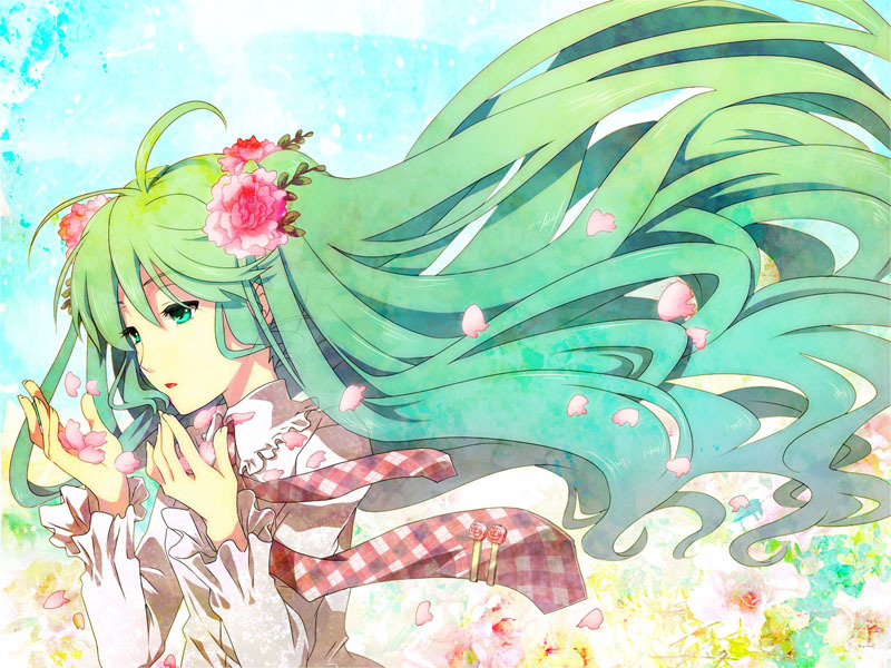 ate, ateru, bust, flower, green_eyes, green_hair, hair_flower, hair_ornament