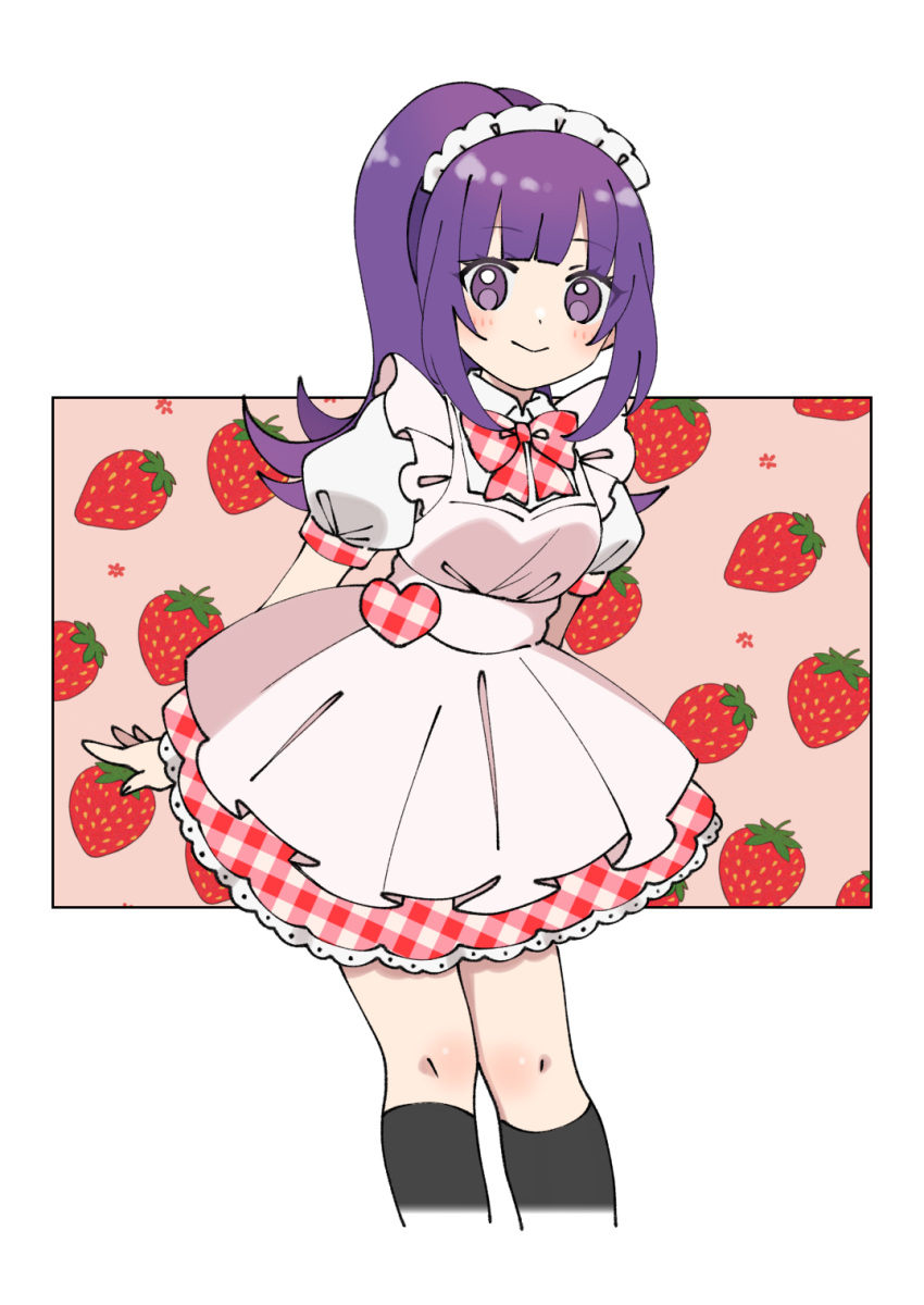 1girl, apron, arms_behind_back, black_socks, blunt_bangs, blush, bow, bowtie