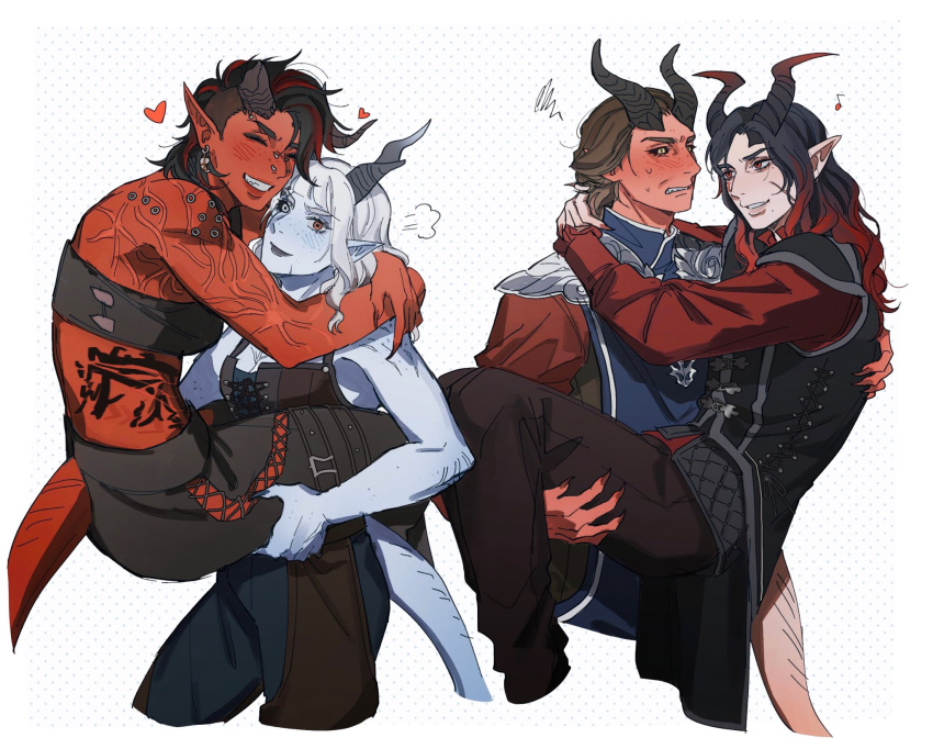 2boys, 2girls, ^_^, arms_around_neck, asymmetrical_hair, baldur's_gate, baldur's_gate_3, bandeau