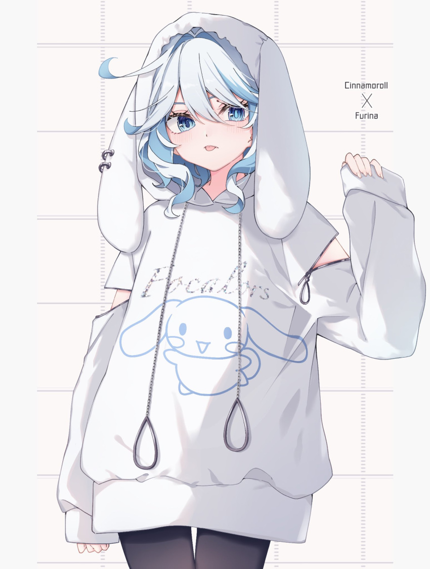 1girl, alternate_costume, animal_hood, black_pantyhose, blue_eyes, blue_hair, cinnamoroll, furina_(genshin_impact)